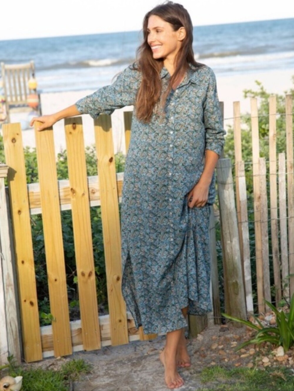 Natural Life Drew Shirt Maxi Dress Caftan Cotton Blue Floral Coastal Size L/XL